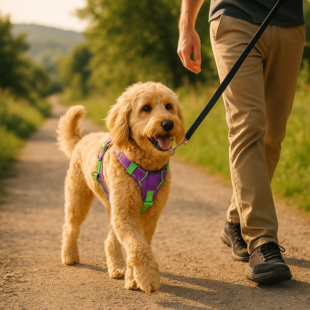 Goldendoodle en balade portant un harnais en Y violet