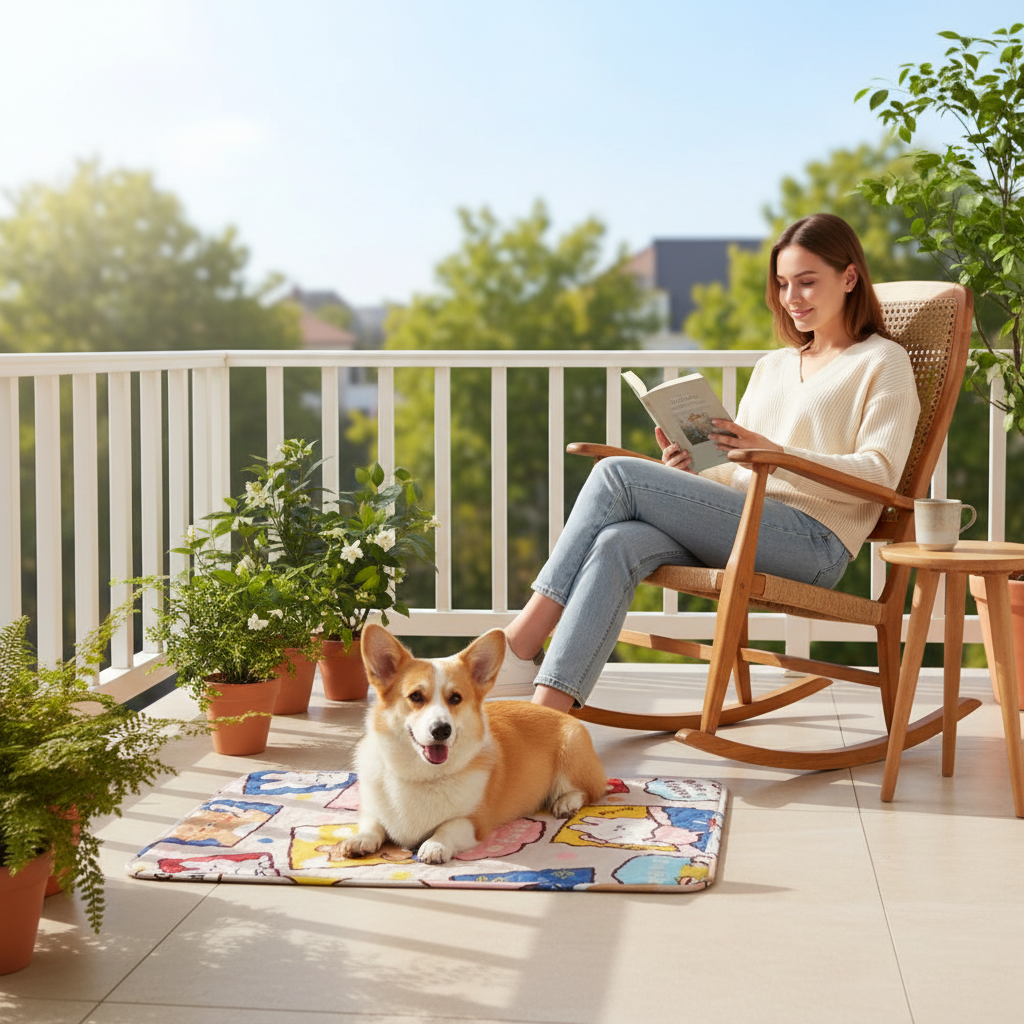corgi sur tapis rafraîchissant sur balcon