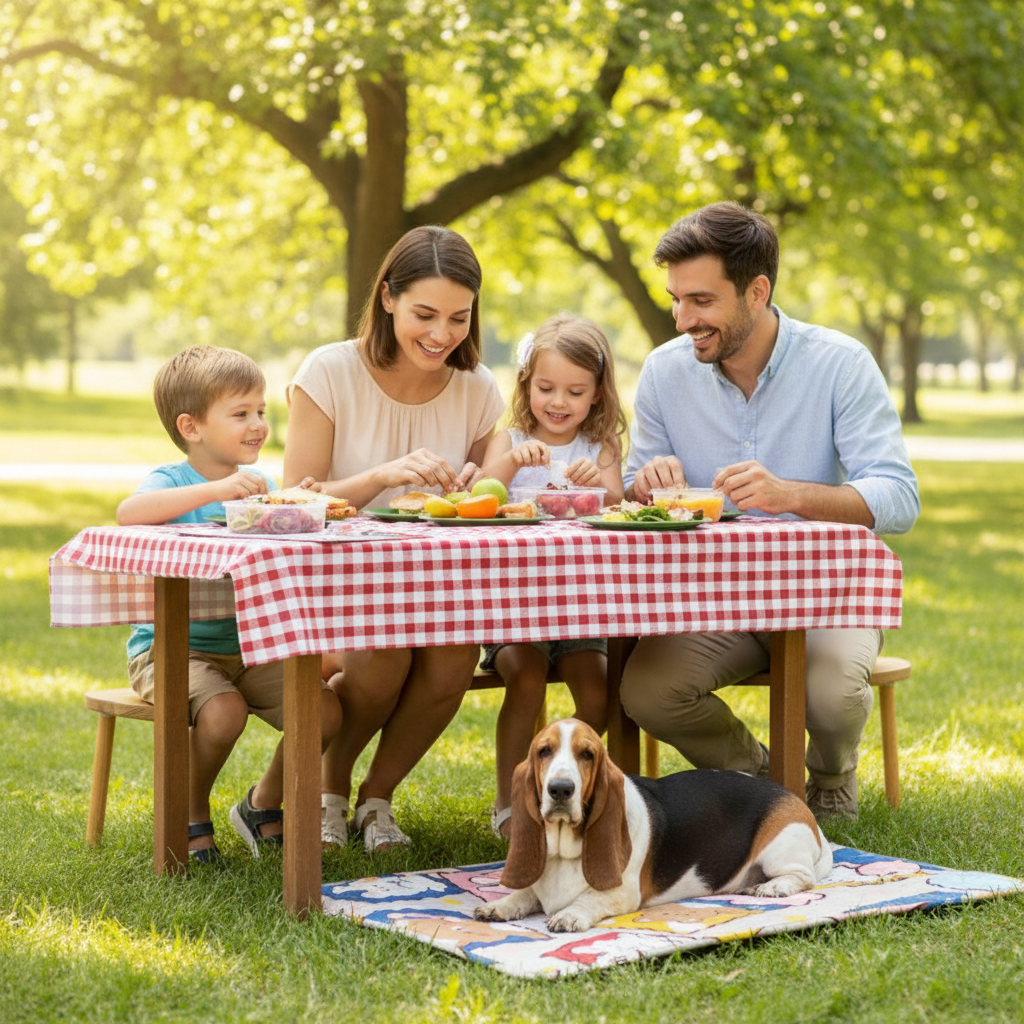 Famille en pique-nique avec basset hound sur tapis rafraîchissant