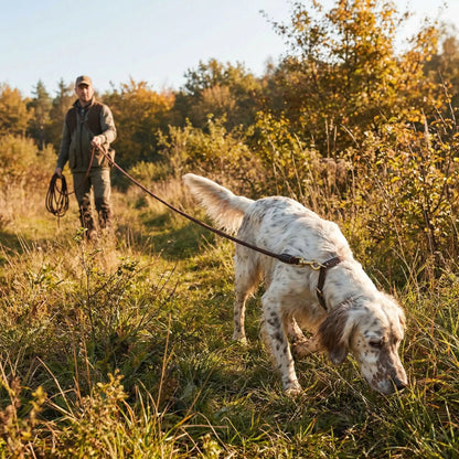 longe chien reniflant et découvrant piste